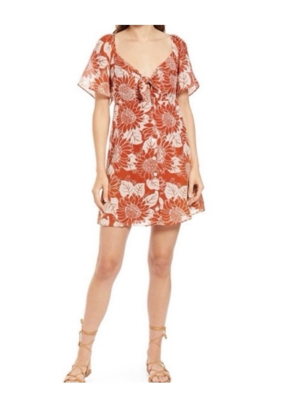 Madewell Silk Rust and Cream Floral Tie-Front Mini Dress